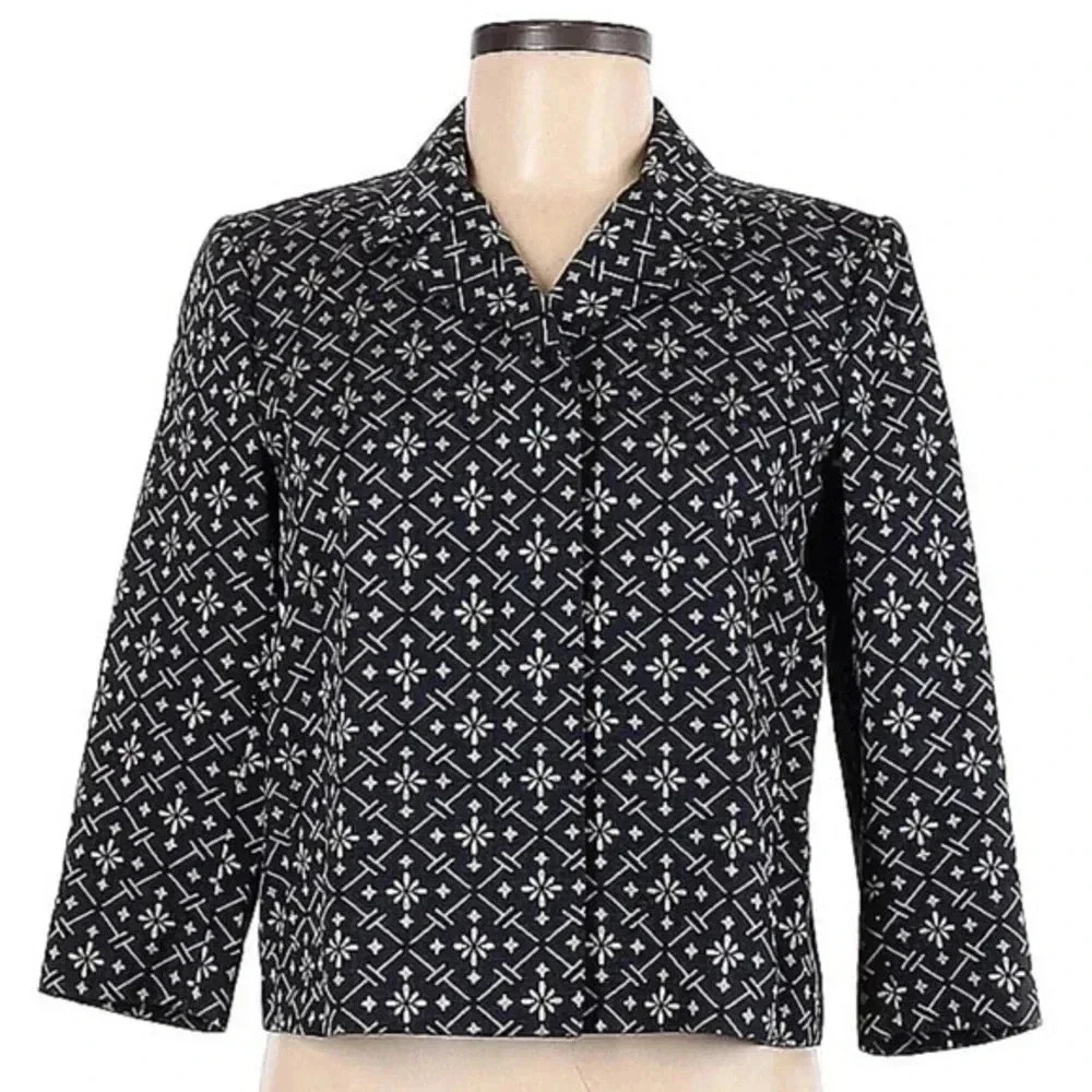 Vintage DKNY Y2K Navy White Damask Print Silk Blend Cropped Blazer Jacket Size 6